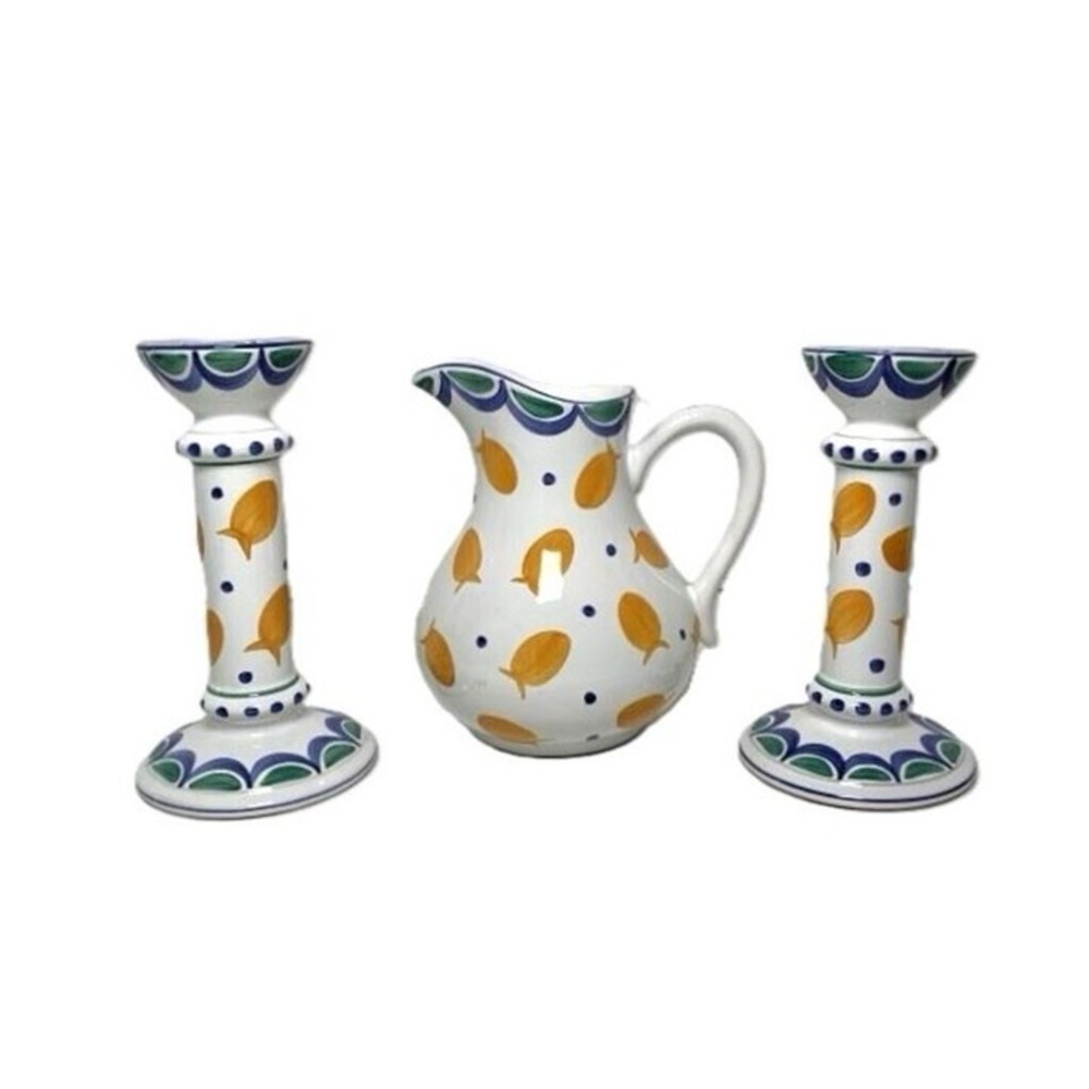 Herend Hungary Village Pottery Pitcher & Candlesticks Set Hand Painted